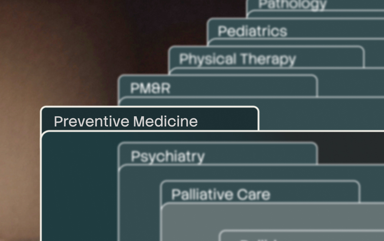 Stacked cards listing physician specialties on the Experitas roster