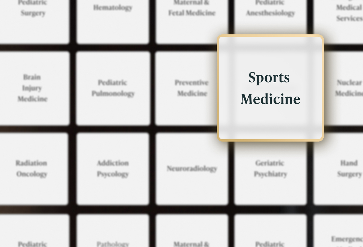 Grid of physician specialty tiles highlighting Sports Medicine