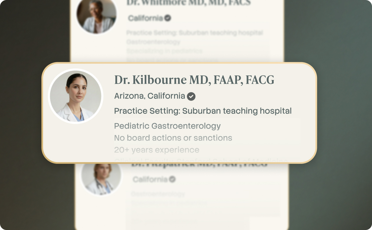 Example expert match card showing Dr. Kilbourne, board-certified pediatric gastroenterologist