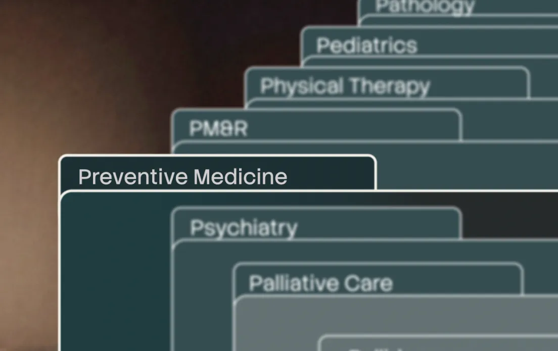Stacked cards listing physician specialties on the Experitas roster
