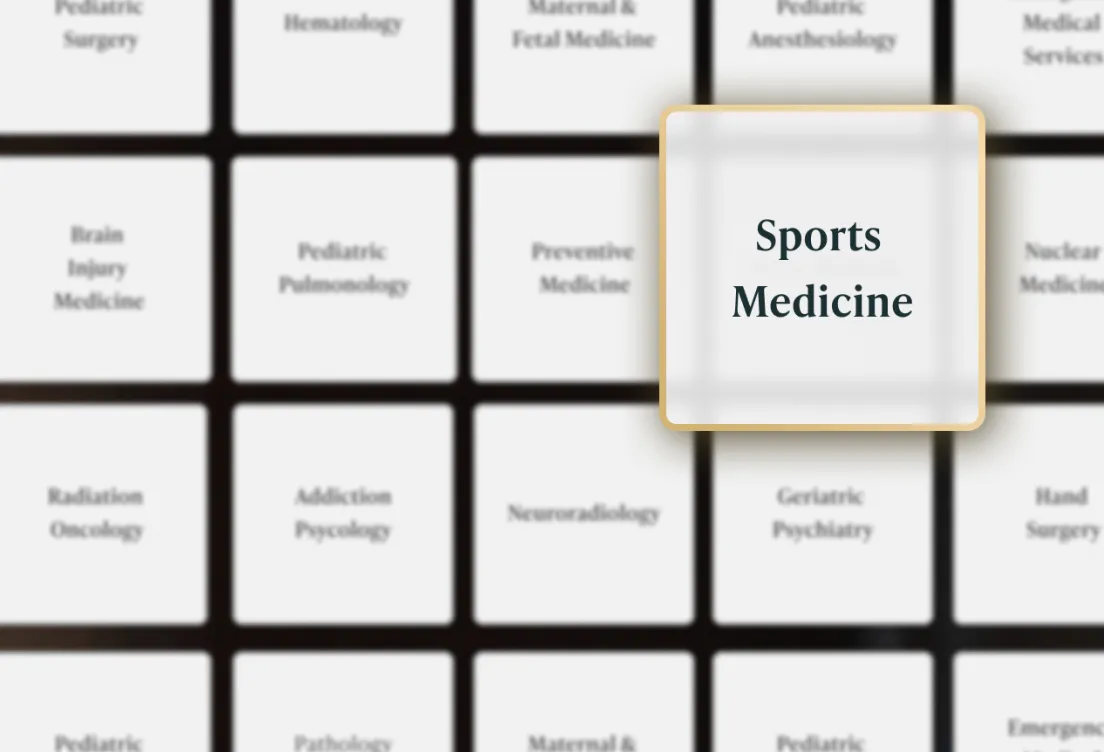 Grid of physician specialty tiles highlighting Sports Medicine